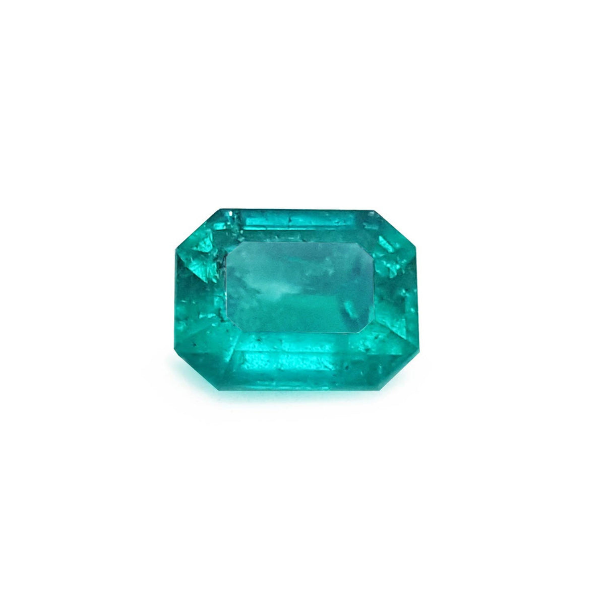 Emerald-cut loose Muzo colombian emerald 1.57 ct. front side table and crown view