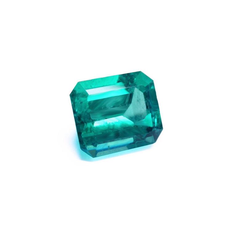 3.03 ct. GIA certified emerald-cut Colombian emerald with a medium-deep bluish-green color.