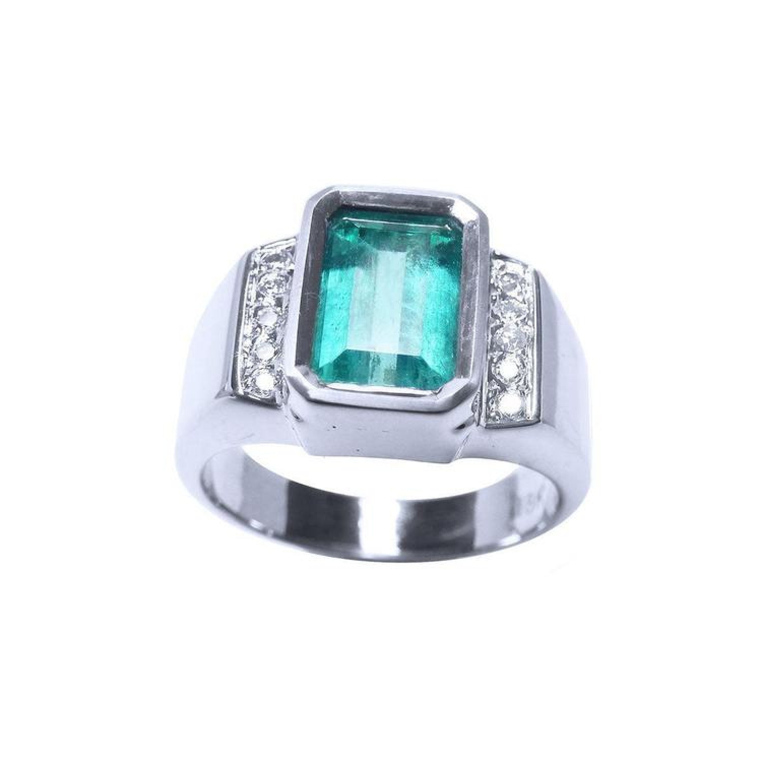 Men's 18K white gold ring with a bezel-set emerald-cut bluish-green emerald and side diamonds.