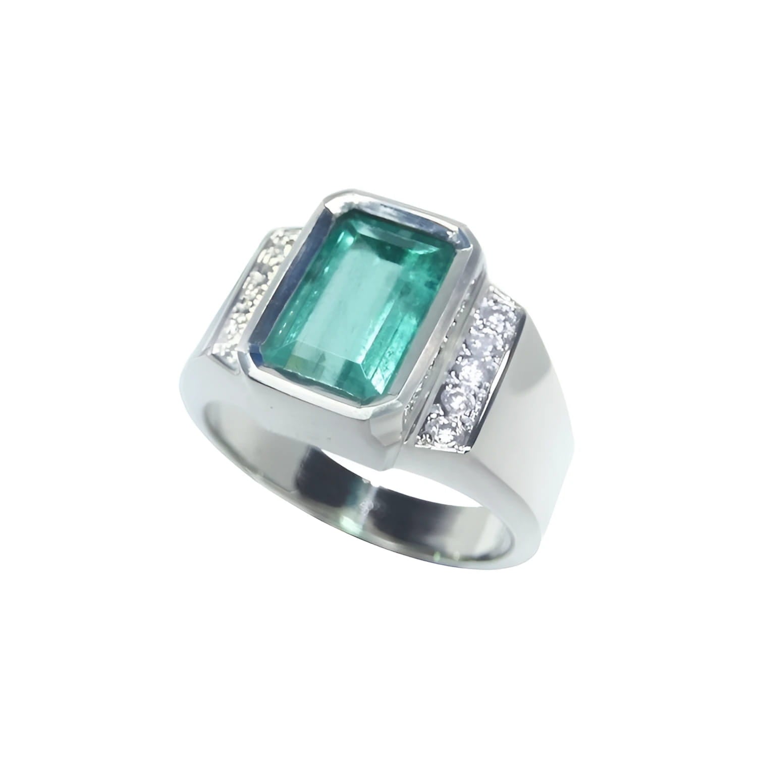 Men's 18K white gold ring with a bezel-set emerald-cut bluish-green emerald and diamond accents.