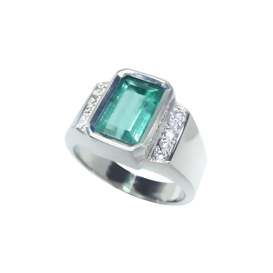 Men's 18K white gold ring with a bezel-set emerald-cut bluish-green emerald and diamond accents.