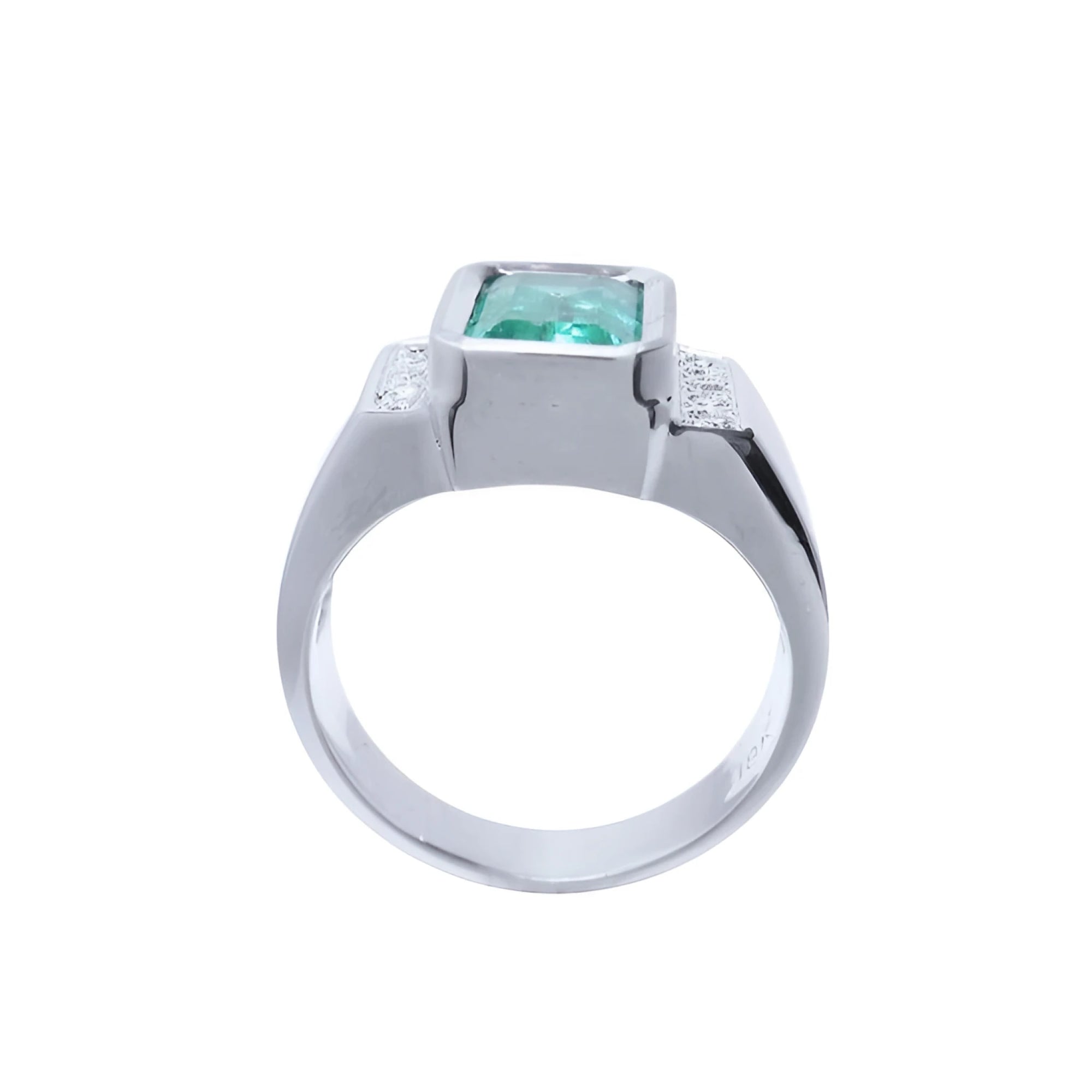Men's 18K white gold ring with a bezel-set emerald-cut green emerald and diamond accents.