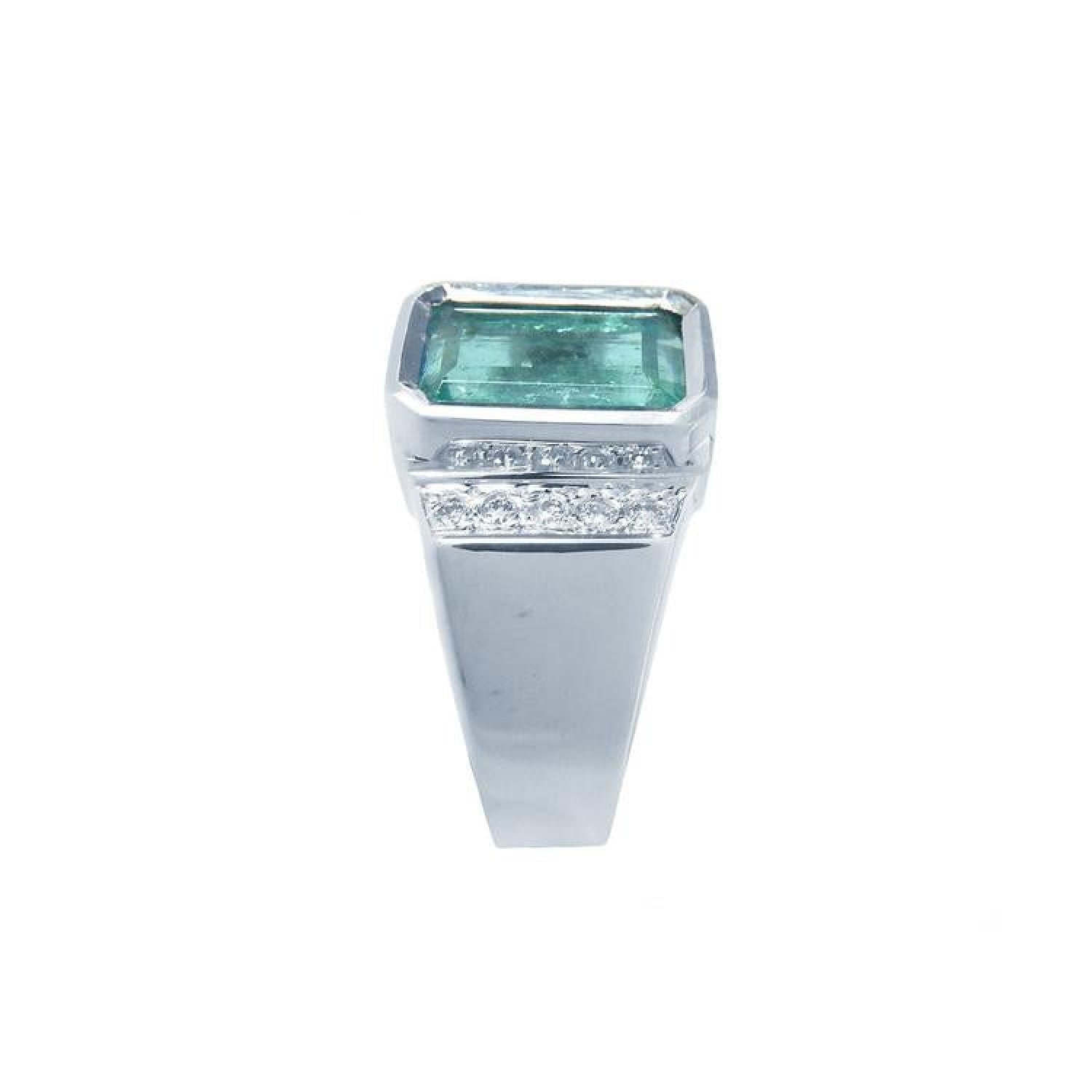 Men's 18K white gold ring with a bezel-set emerald-cut bluish-green emerald and diamond accents.