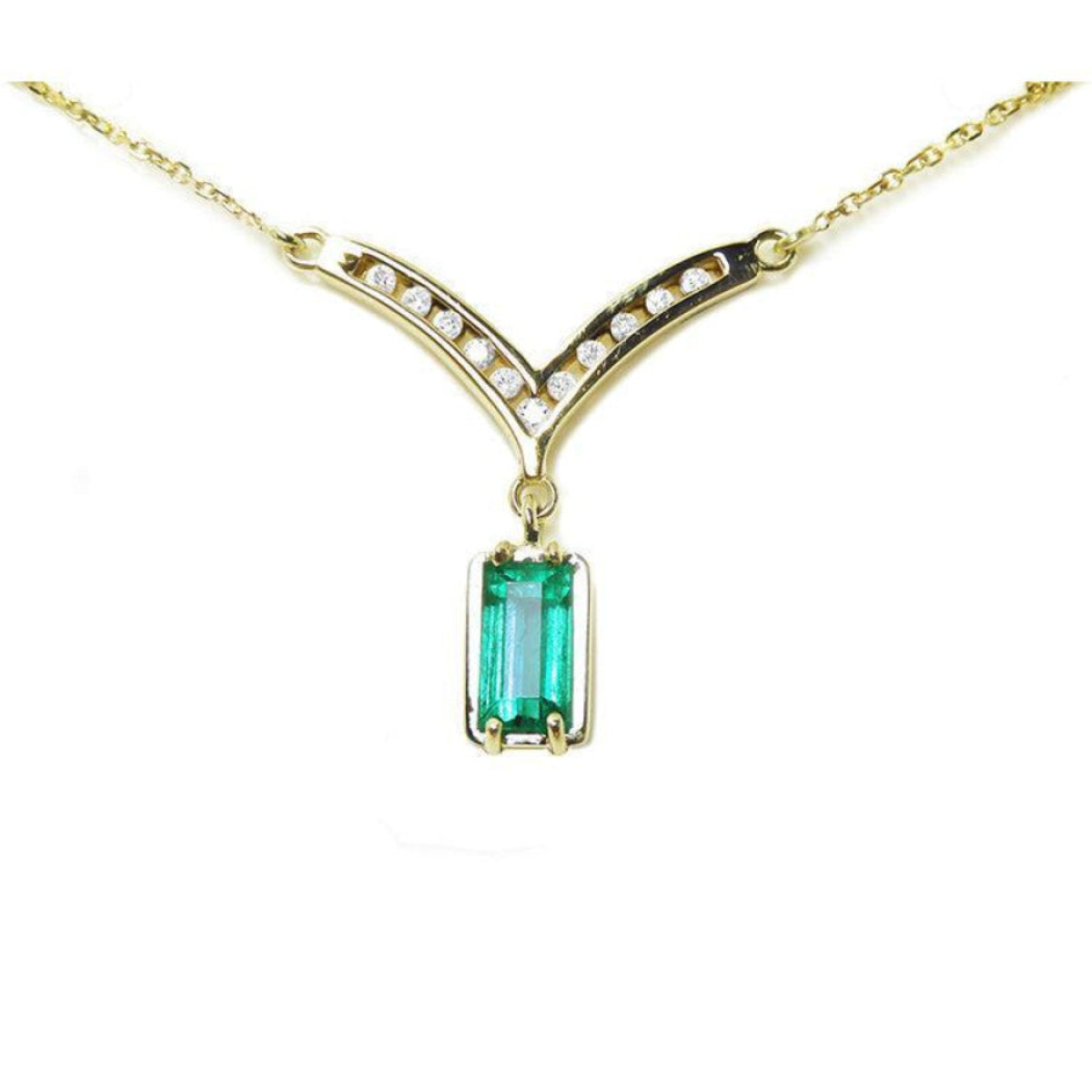 14K yellow gold necklace with a baguette-cut Colombian emerald and diamond-studded V-shaped pendant.