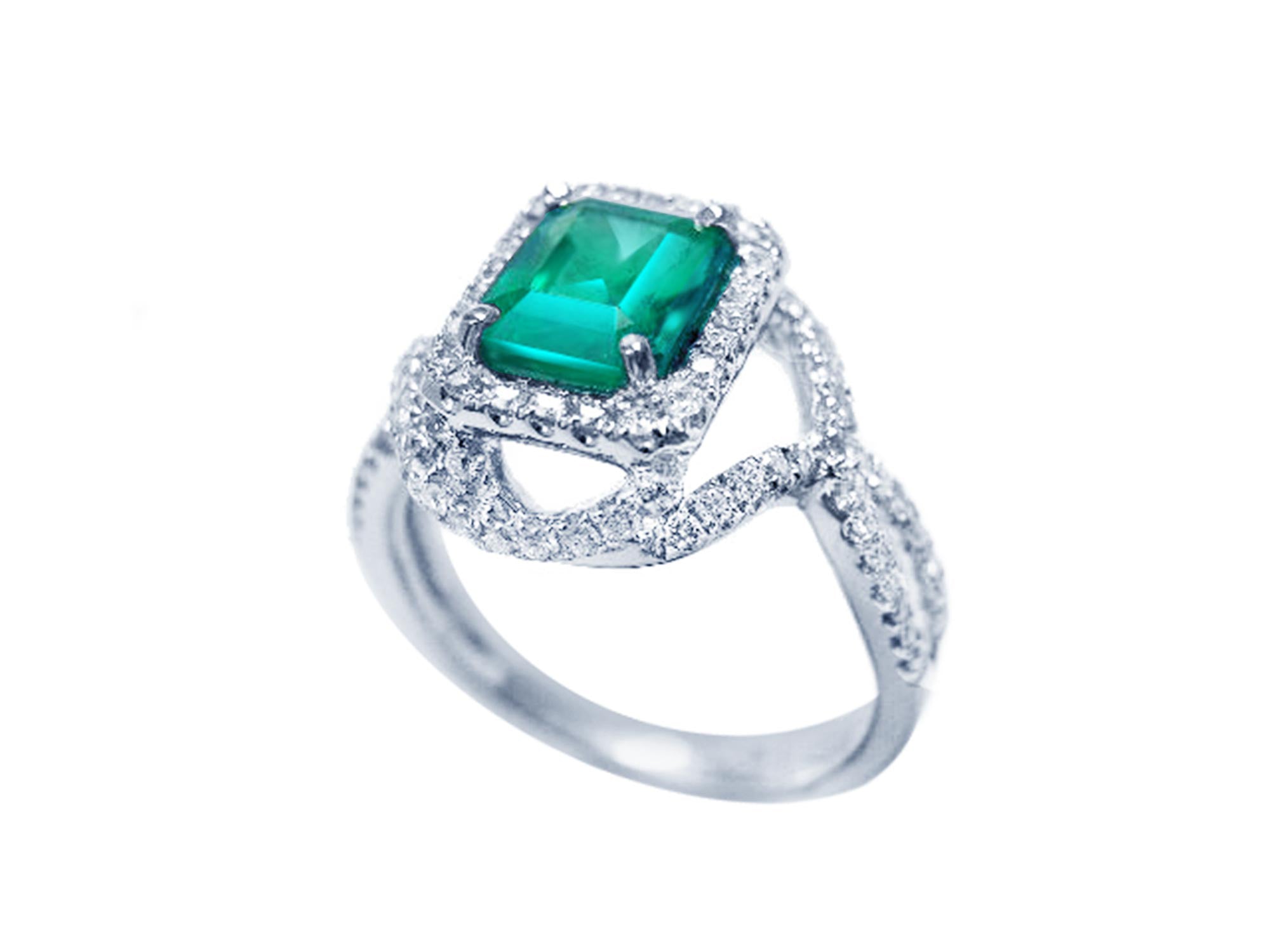 A 18k white gold natural emerald ring with accent diamonds displaying the top gemstone and side profile.