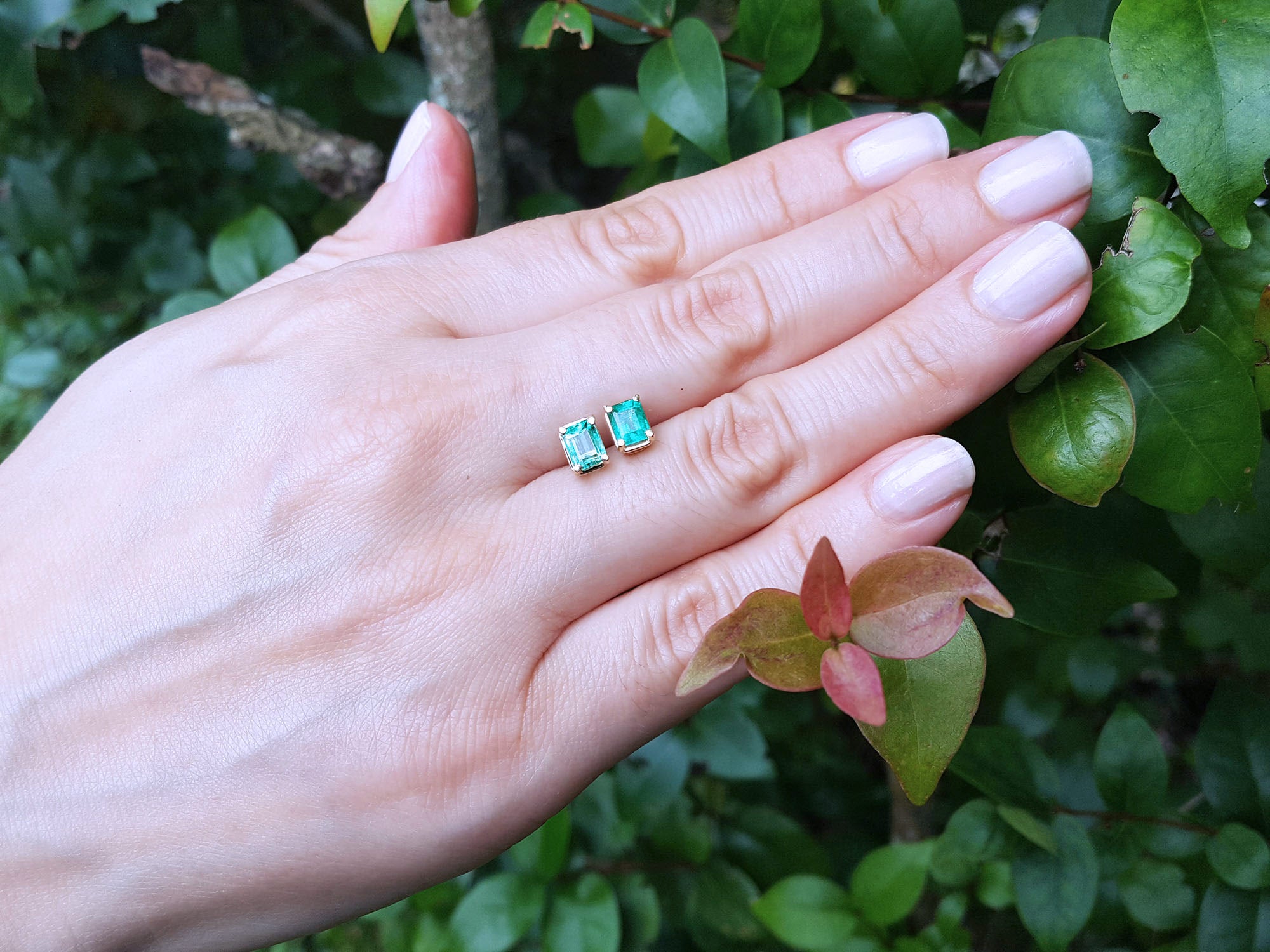 Hand displaying a pair of emerald-cut emerald stud earrings with a natural background of leaves.