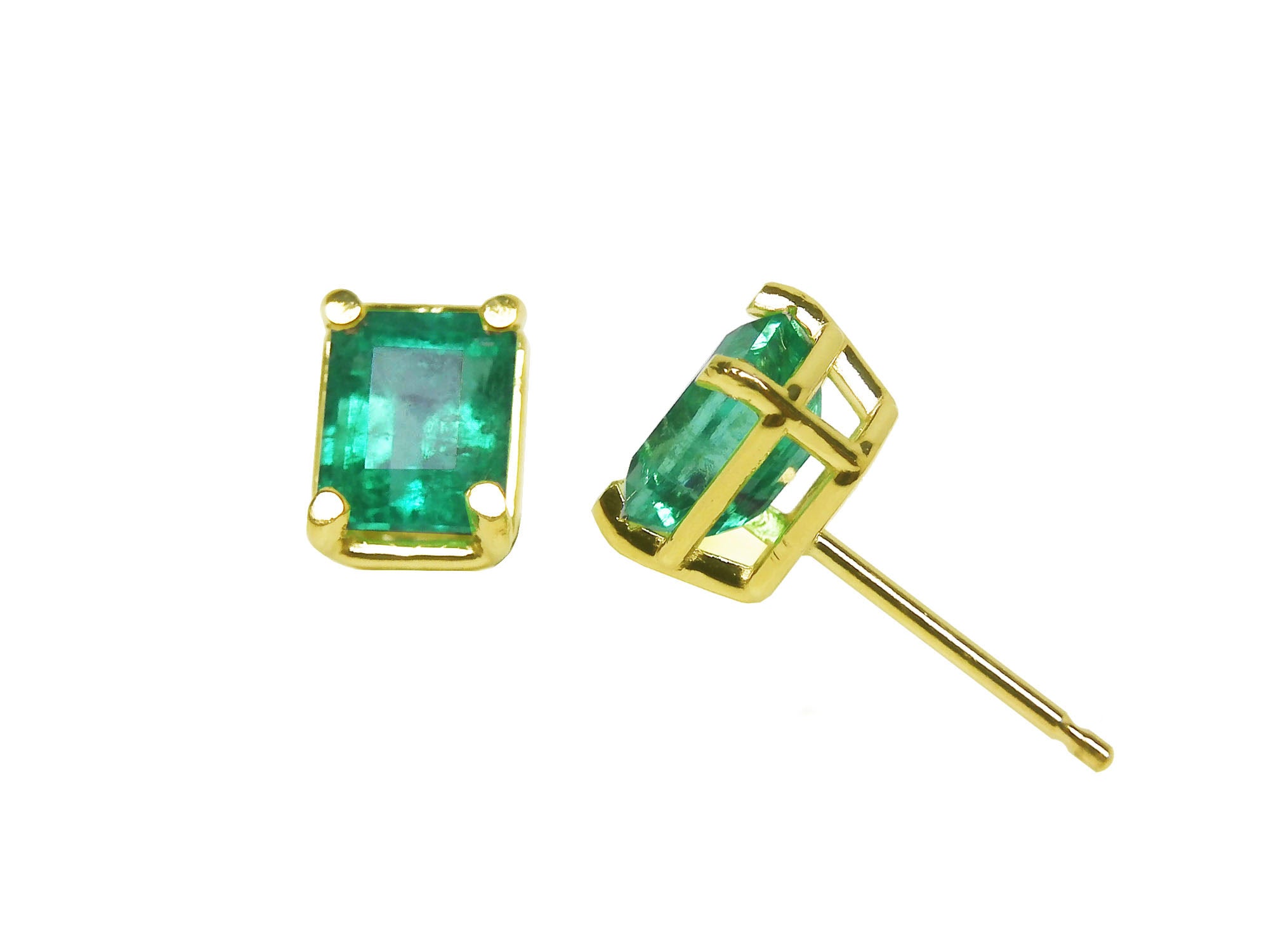 Yellow gold settings emerald-cut natural emerald earrings, top and side view profiles.