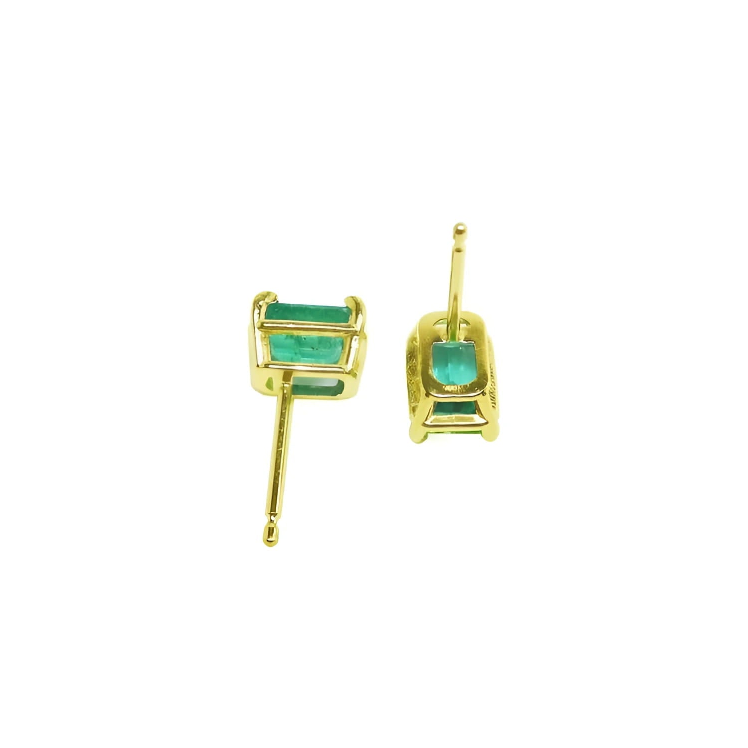 Emerald-cut natural Colombian emerald stud earrings, 1.29 ct, set in 14K yellow gold basket settings.