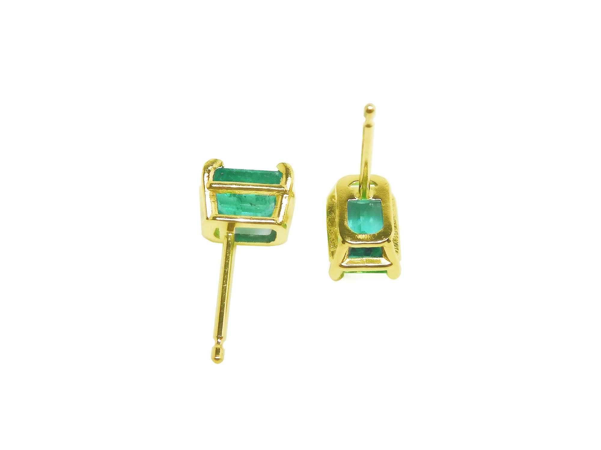 14k yellow gold emerald-cut stud emerald earrings, upside down position underside view.