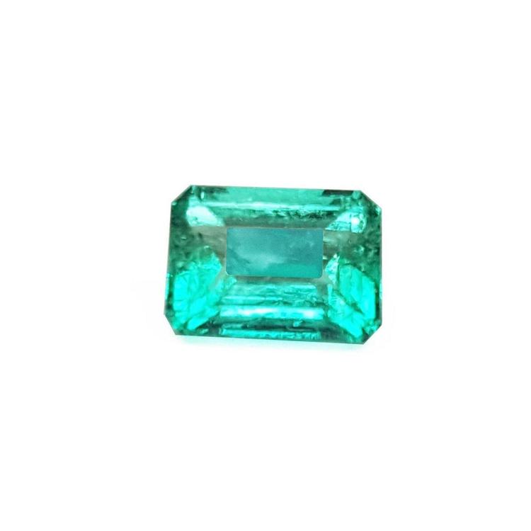 Affordable emerald-cut loose Colombian emerald front table and crown view
