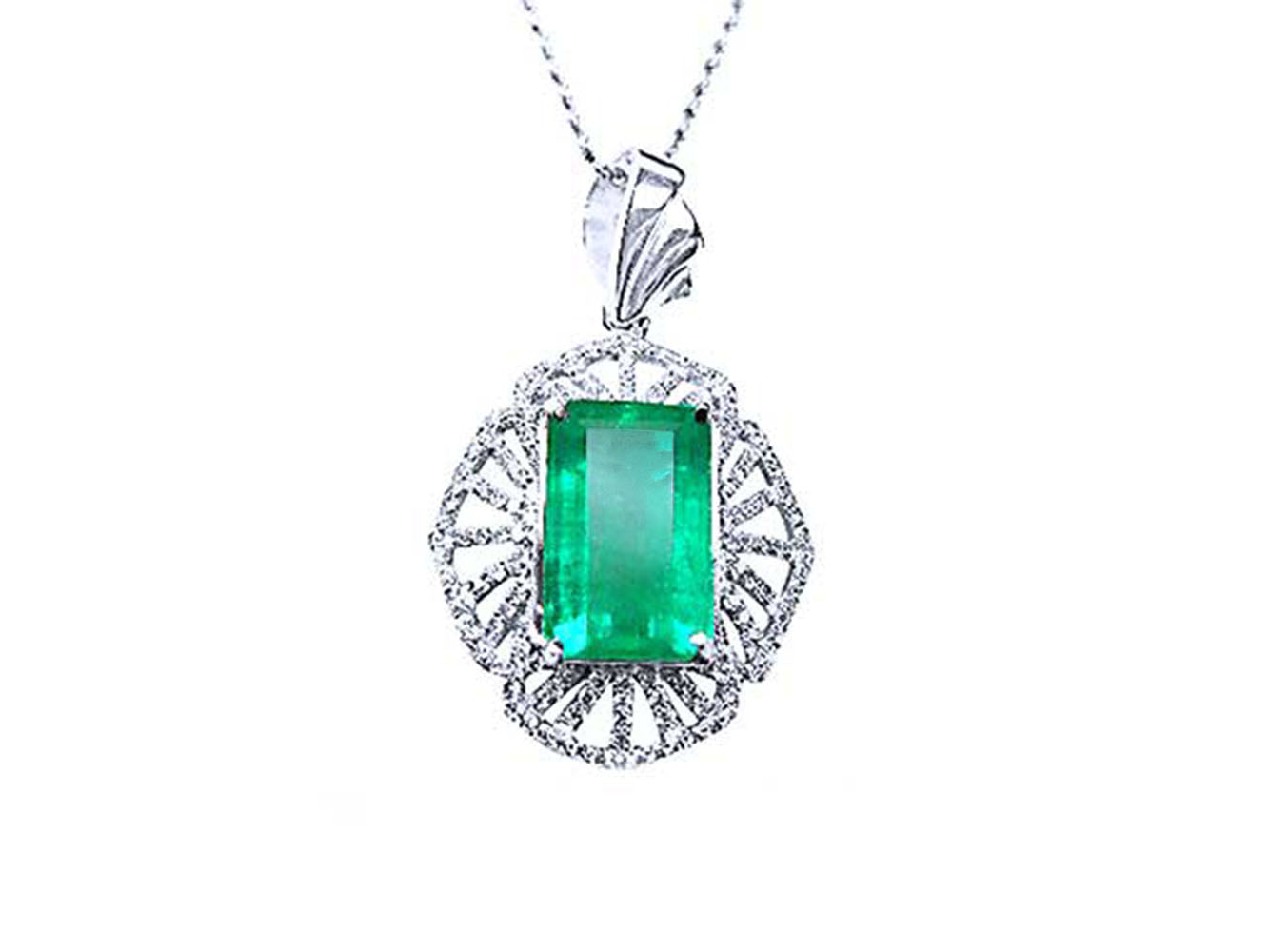 Emerald-cut natural colombian emerald pendant with white gold chain on a topside view position.
