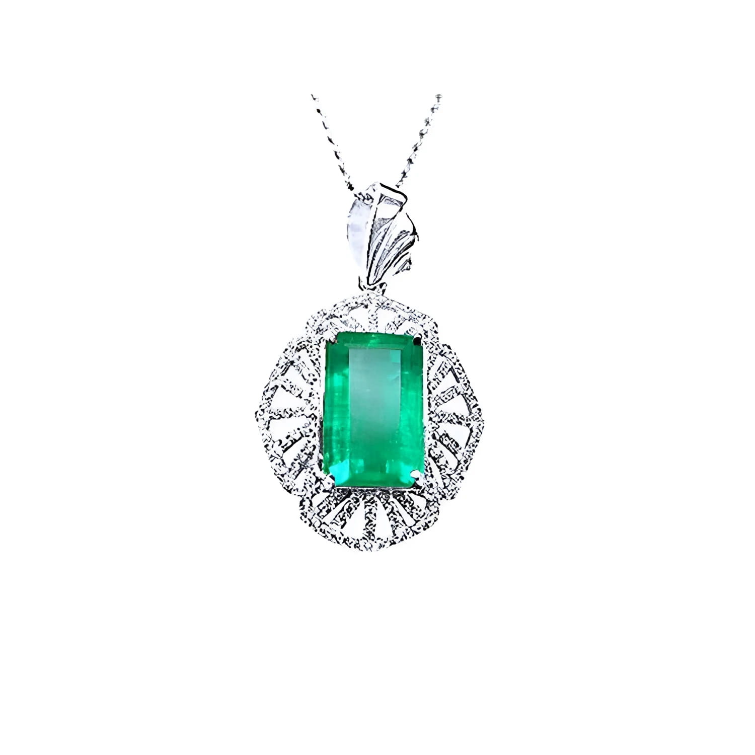 Emerald-cut emerald pendant in 14K white gold with natural diamonds, unique design.