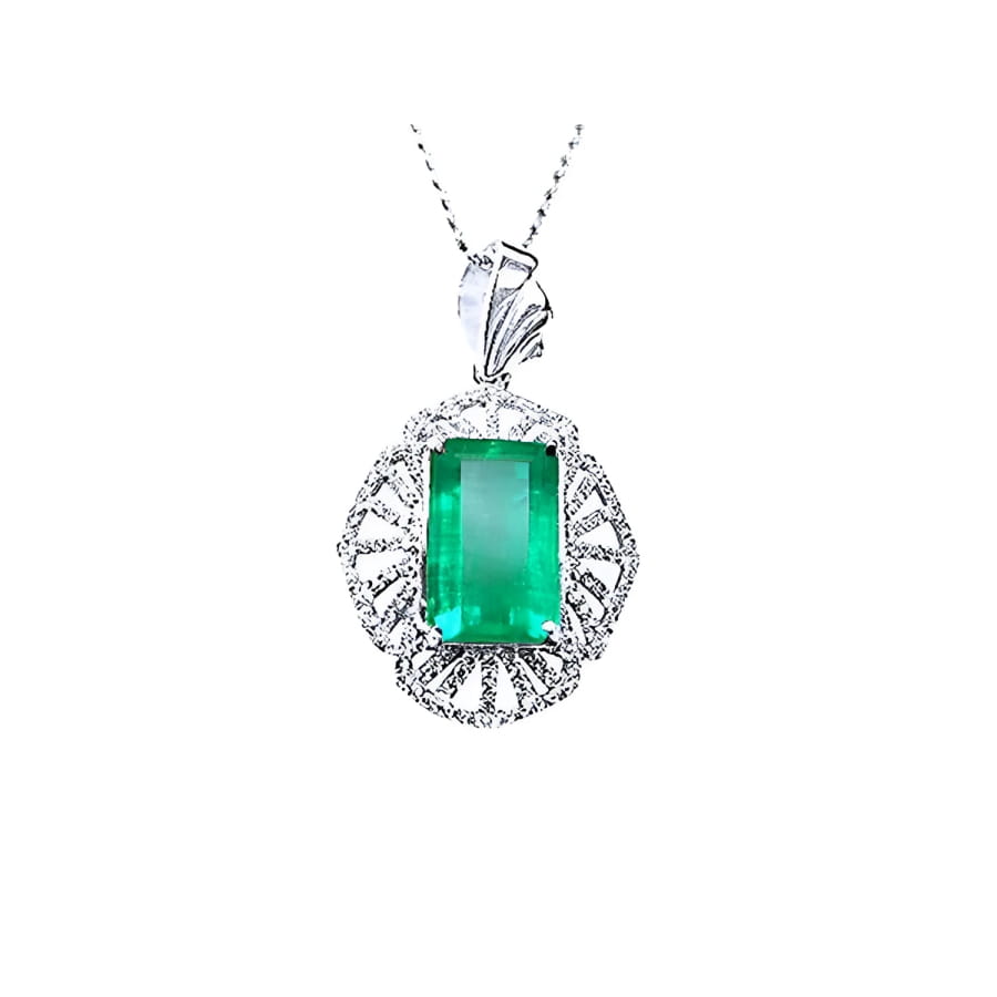 Emerald-cut emerald pendant in 14K white gold with natural diamonds, unique design.