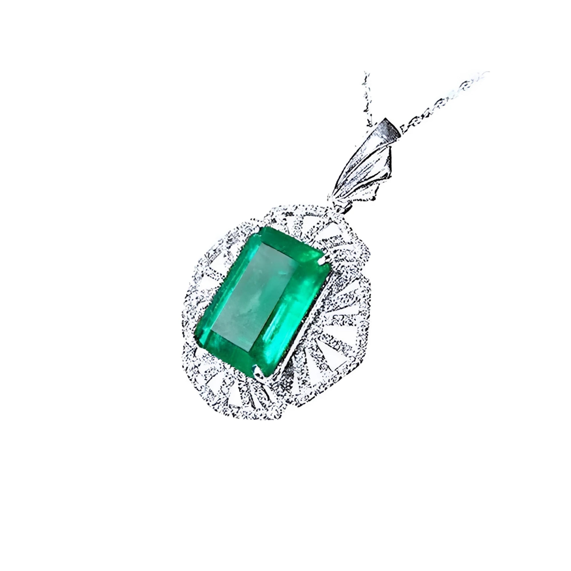 6.19 ct. emerald-cut Colombian emerald pendant with natural diamonds in 14K white gold.