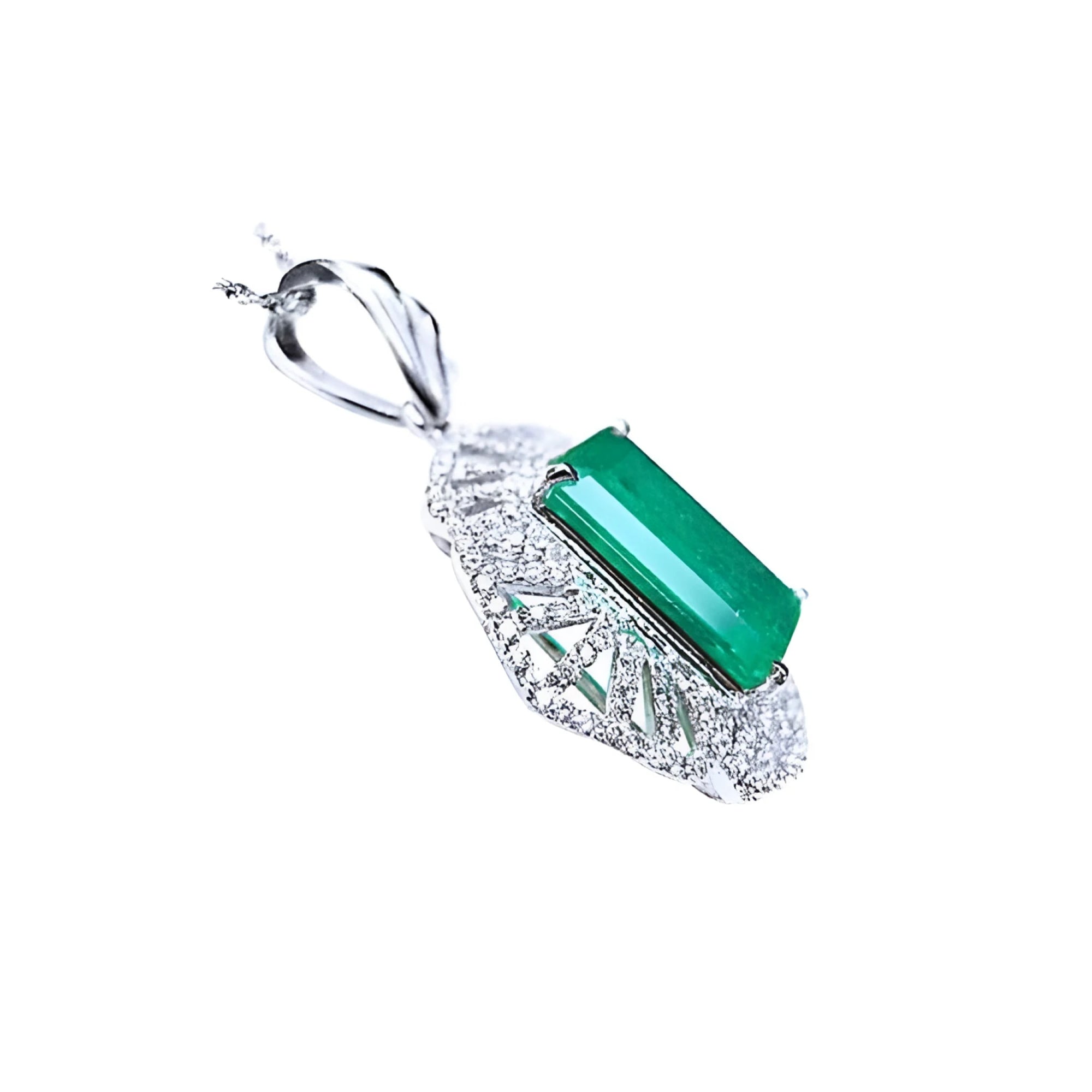 6.19 ct emerald-cut Colombian emerald pendant with natural diamonds in 14K white gold.