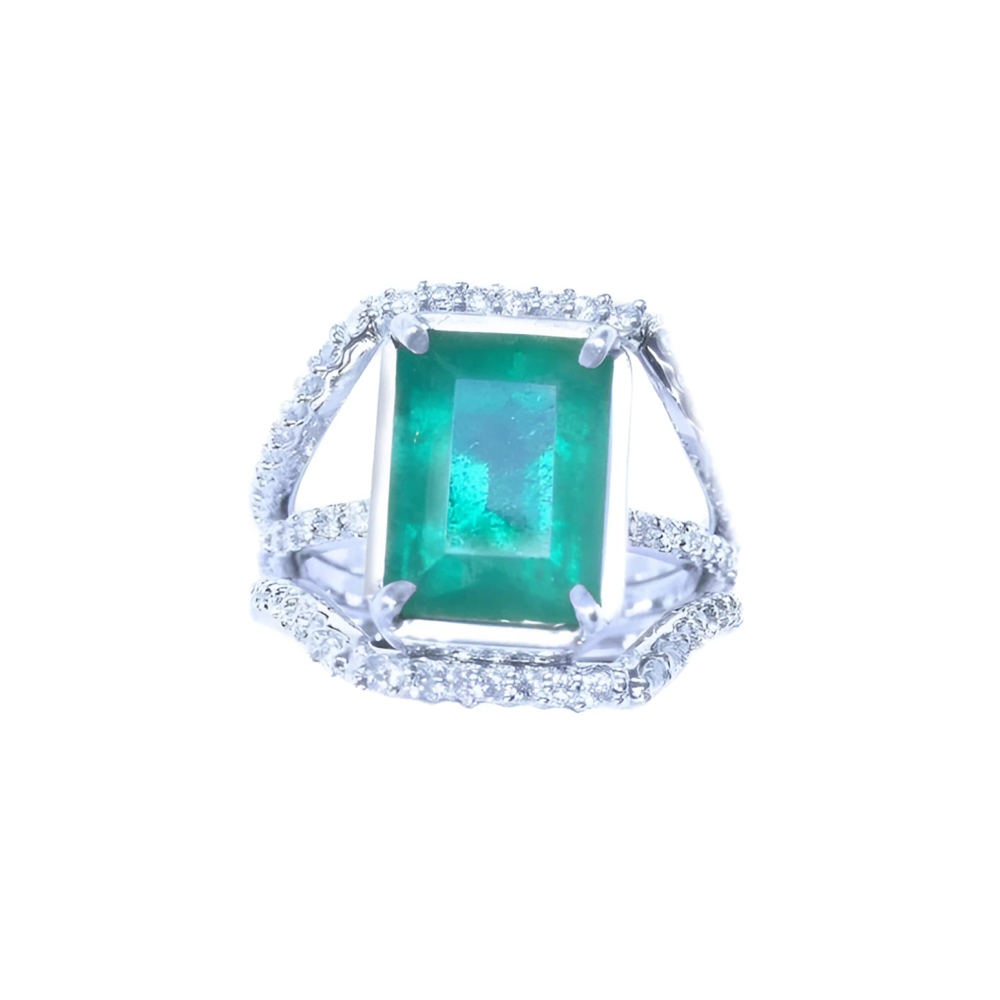 Emerald-cut natural colombian emerald ring for women with three rows of natural diamonds crafted in 14k white gold.