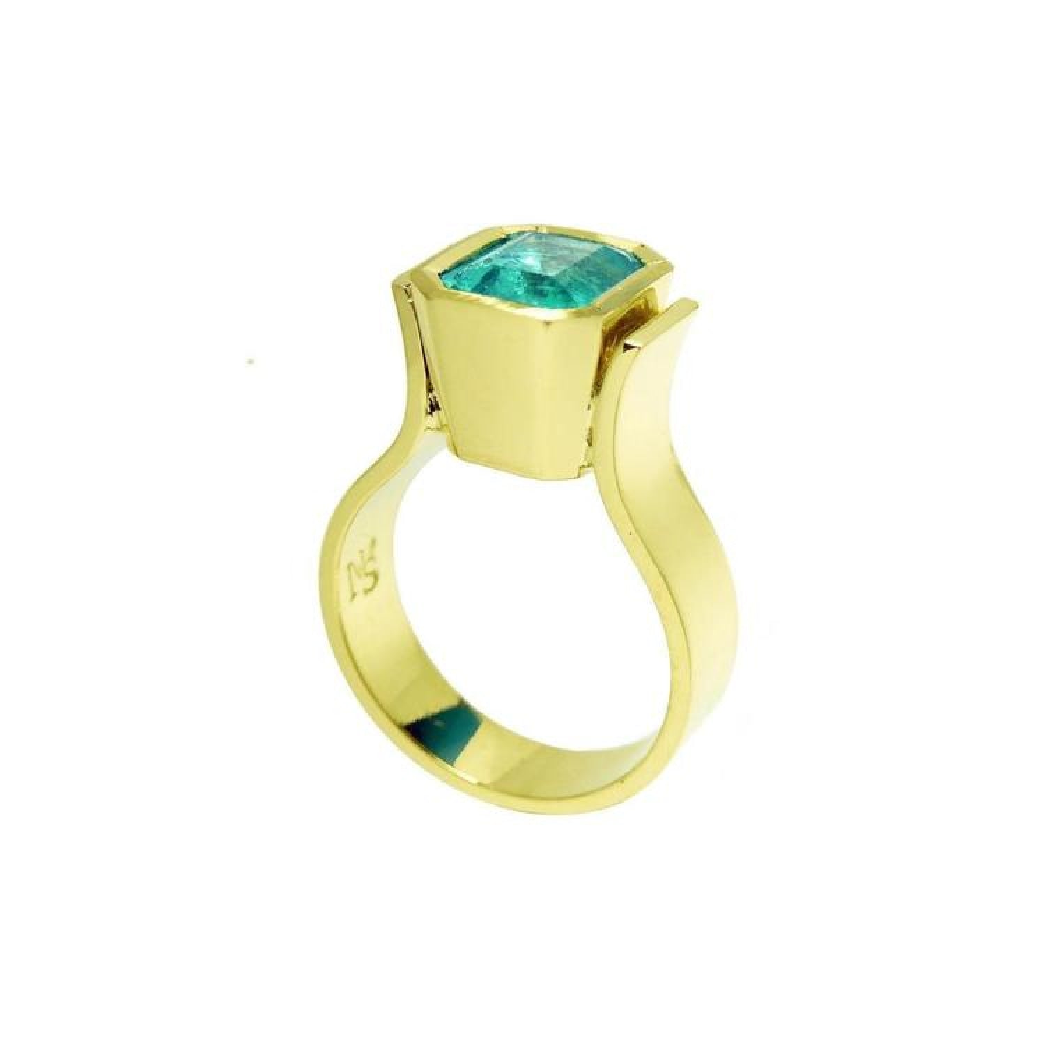 Emerald-cut emerald solitaire ring, bezel set in high polish 14K gold with a unique band design.