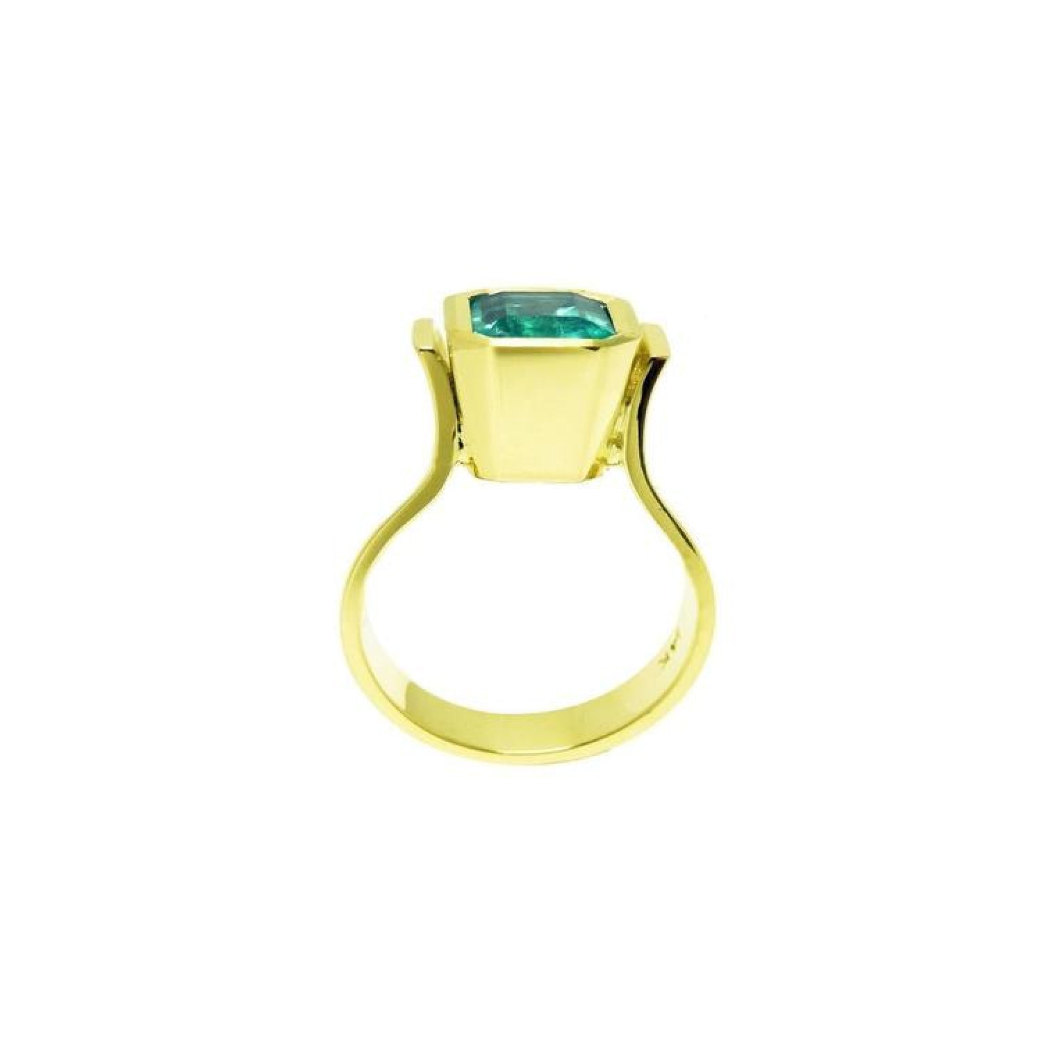 Emerald-cut emerald solitaire ring, bezel set in high polish 14K solid gold.