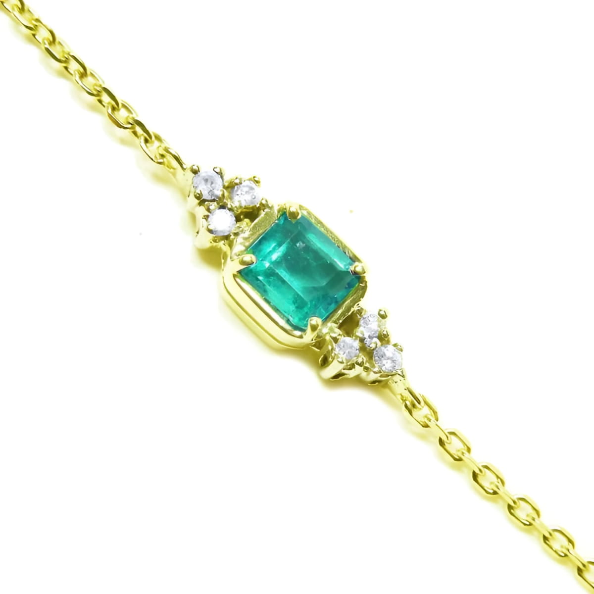 Square natural colombian emerald bracelet for women with accent side diamonds 14k yellow gold.