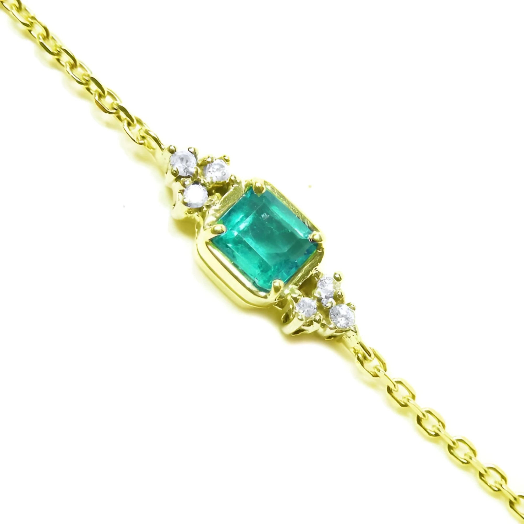 Square natural colombian emerald bracelet for women with accent side diamonds 14k yellow gold.