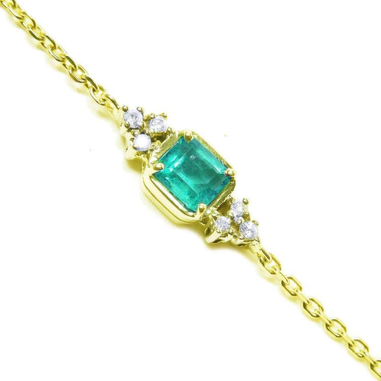Square natural colombian emerald bracelet for women with accent side diamonds 14k yellow gold.