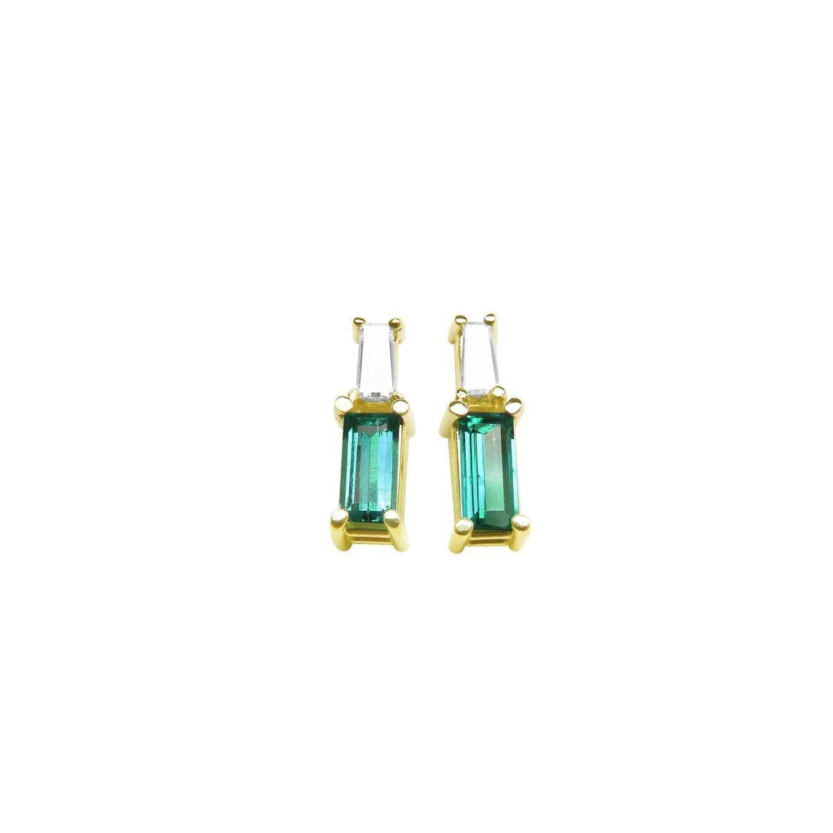 Yellow gold baguette cut emerald and diamond stud earrings, front position top side view.