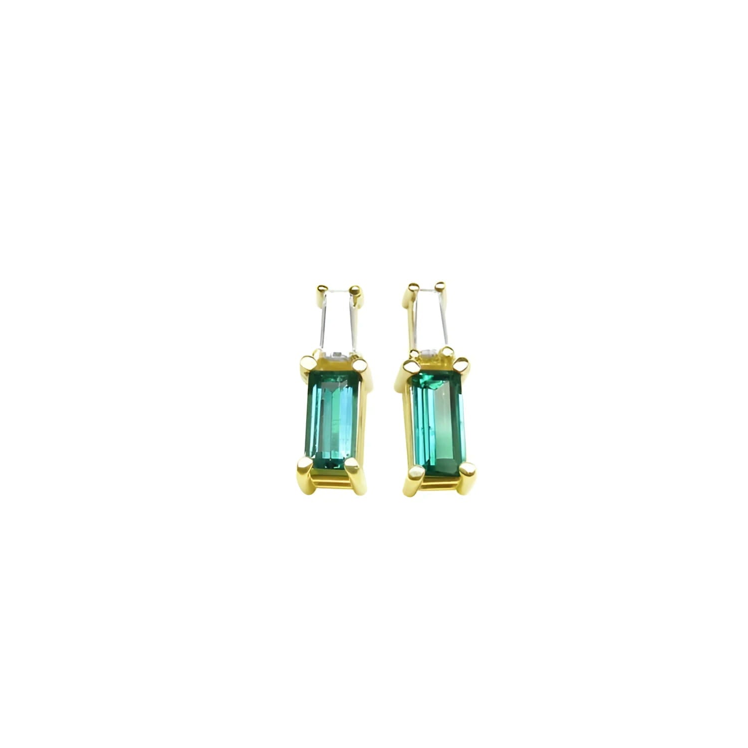 Minimalist 14K gold baguette emerald and diamond stud earrings.