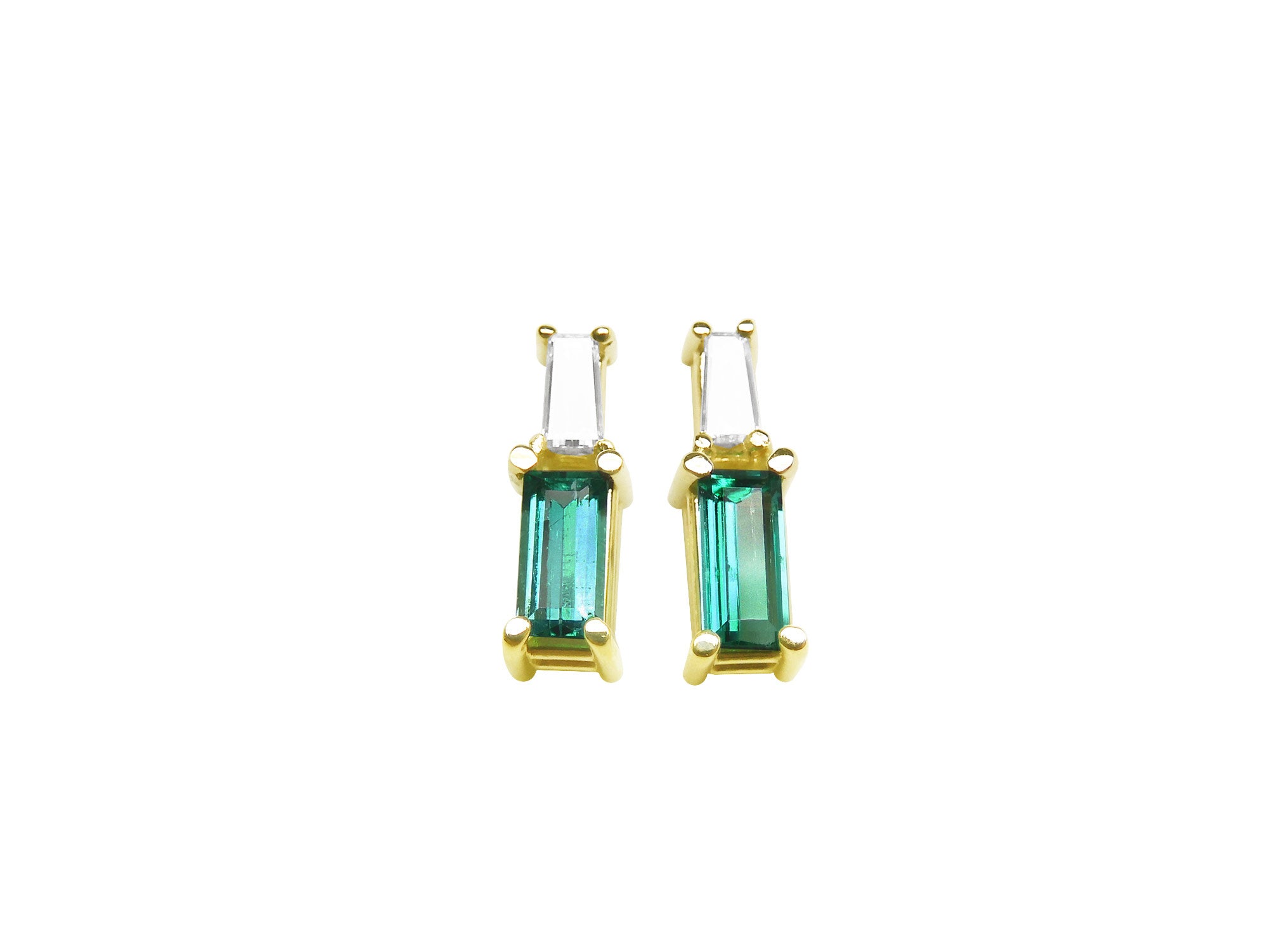 Yellow gold baguette cut emerald and diamond stud earrings, front position top side view.