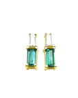 Yellow gold baguette cut emerald and diamond stud earrings, front position top side view.