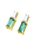 Left side position baguette cut emerald and diamond stud earrings, top and profile view.