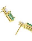 14k yellow gold baguette cut emerald and diamond stud earrings, underside view.