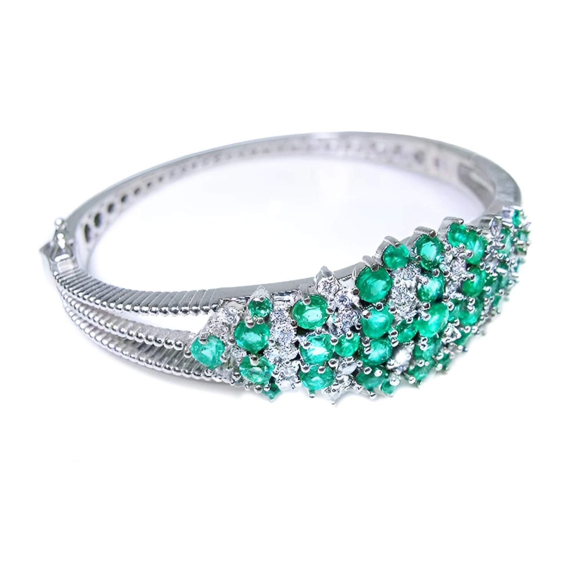 14k White gold bangle bracelet with round cut natural colombian emeralds and diamonds for women.