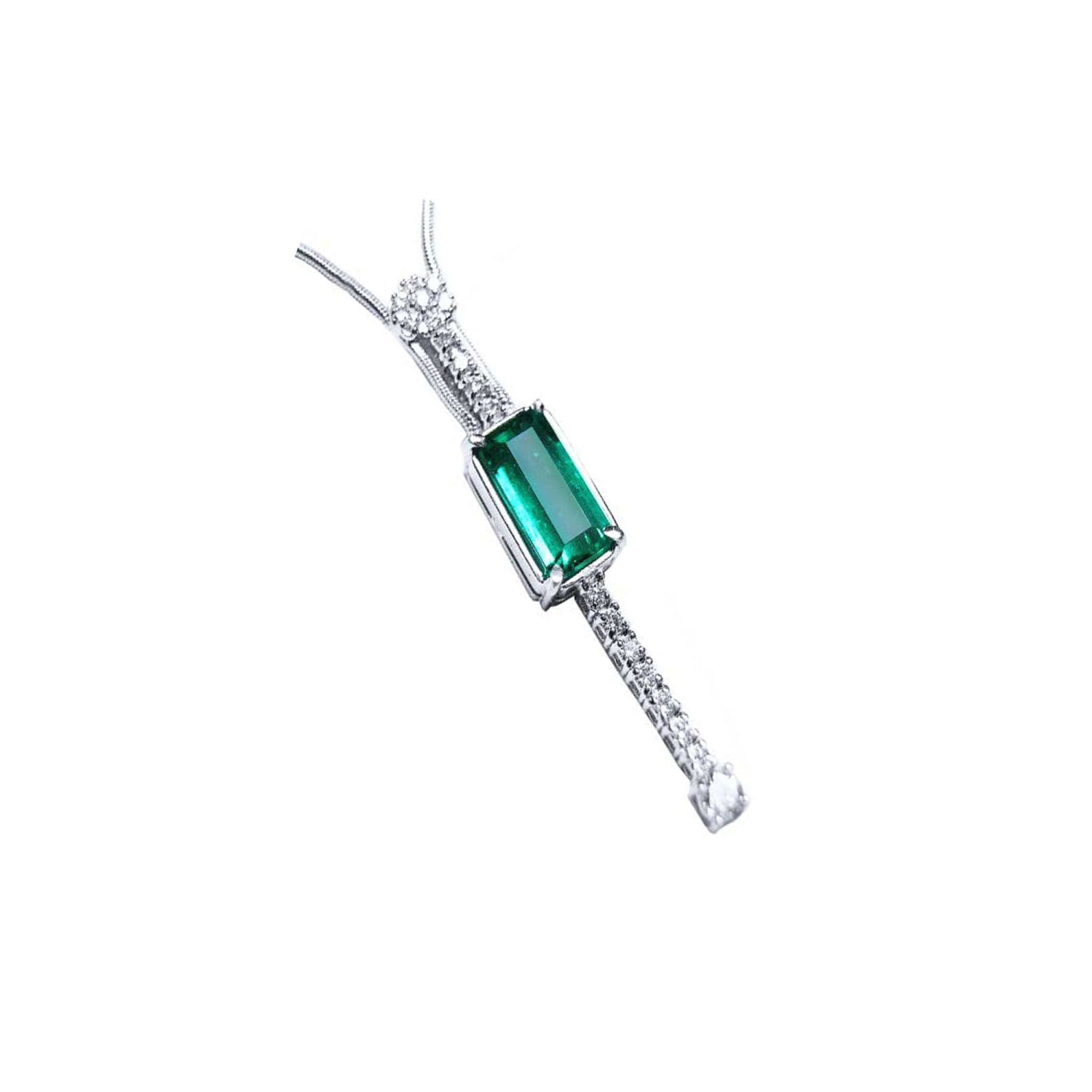 A women's natural Colombian emerald necklace, accented by straight line of natural diamonds crafted in 14k white gold.