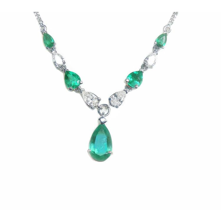 Colombian emerald necklace natural diamonds pear shaped linked in 14k white gold individual settings. May birthstone.