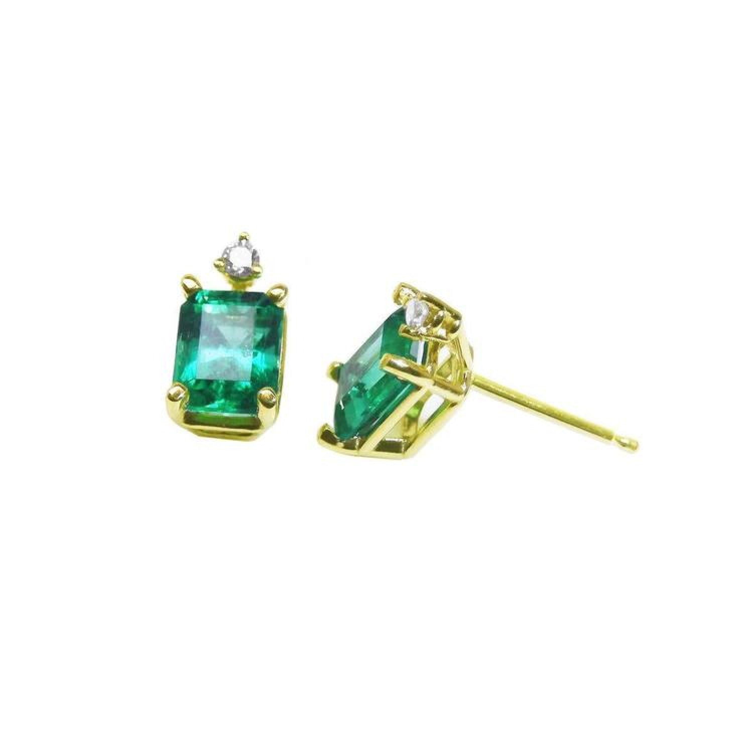 14K yellow gold stud earrings with rectangular Colombian emeralds and accent diamonds.