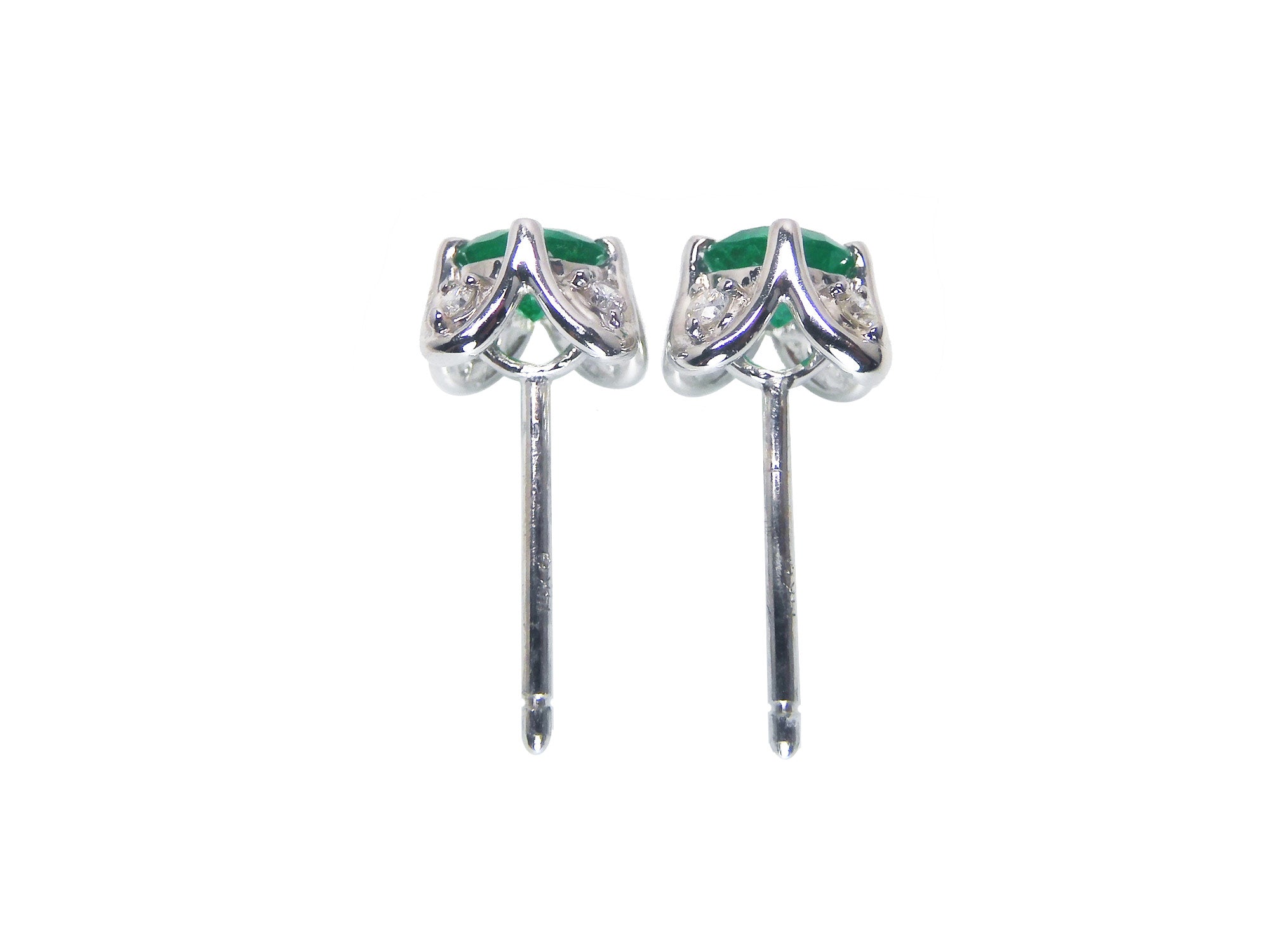 A pair of Muzo Colombian emerald tulip stud earrings, vertical position for an underside view, push backs.