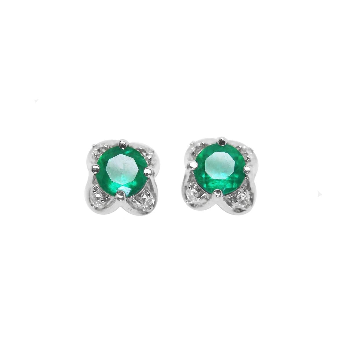 Pair of emerald and diamond tulip stud earrings, front position plain top view.