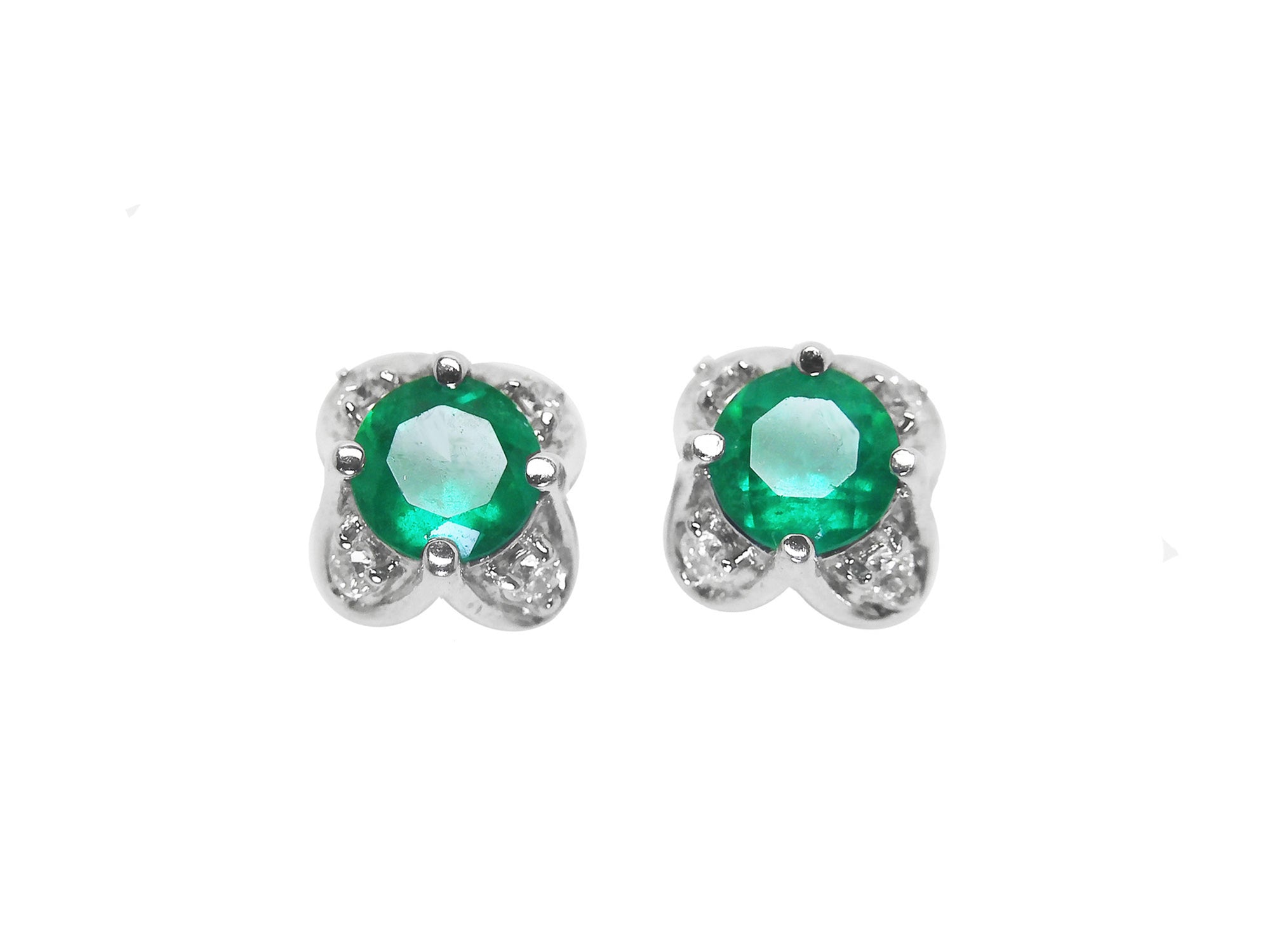 Pair of emerald and diamond tulip stud earrings, front position plain top view.