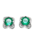 Pair of emerald and diamond tulip stud earrings, front position plain top view.
