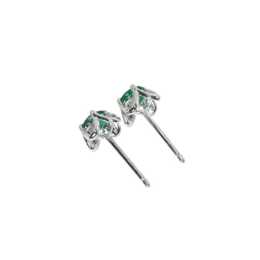 14K white gold emerald and diamond tulip stud earrings with push backs.