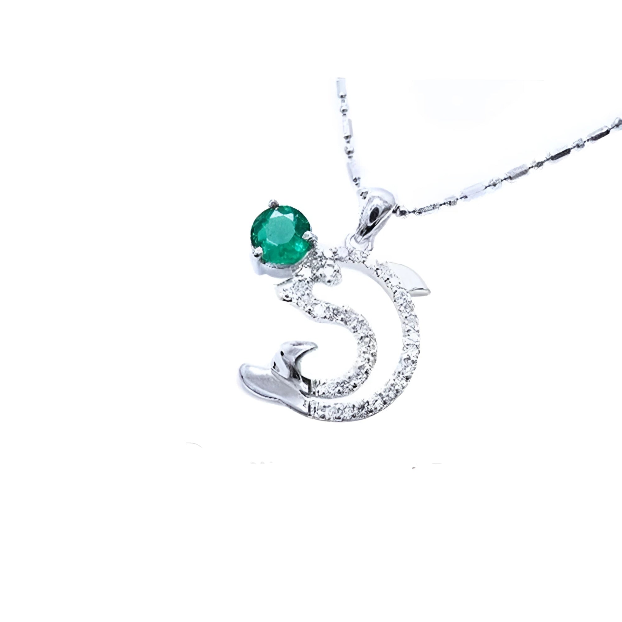 14K white gold dolphin pendant with a round deep green emerald and sparkling accents.