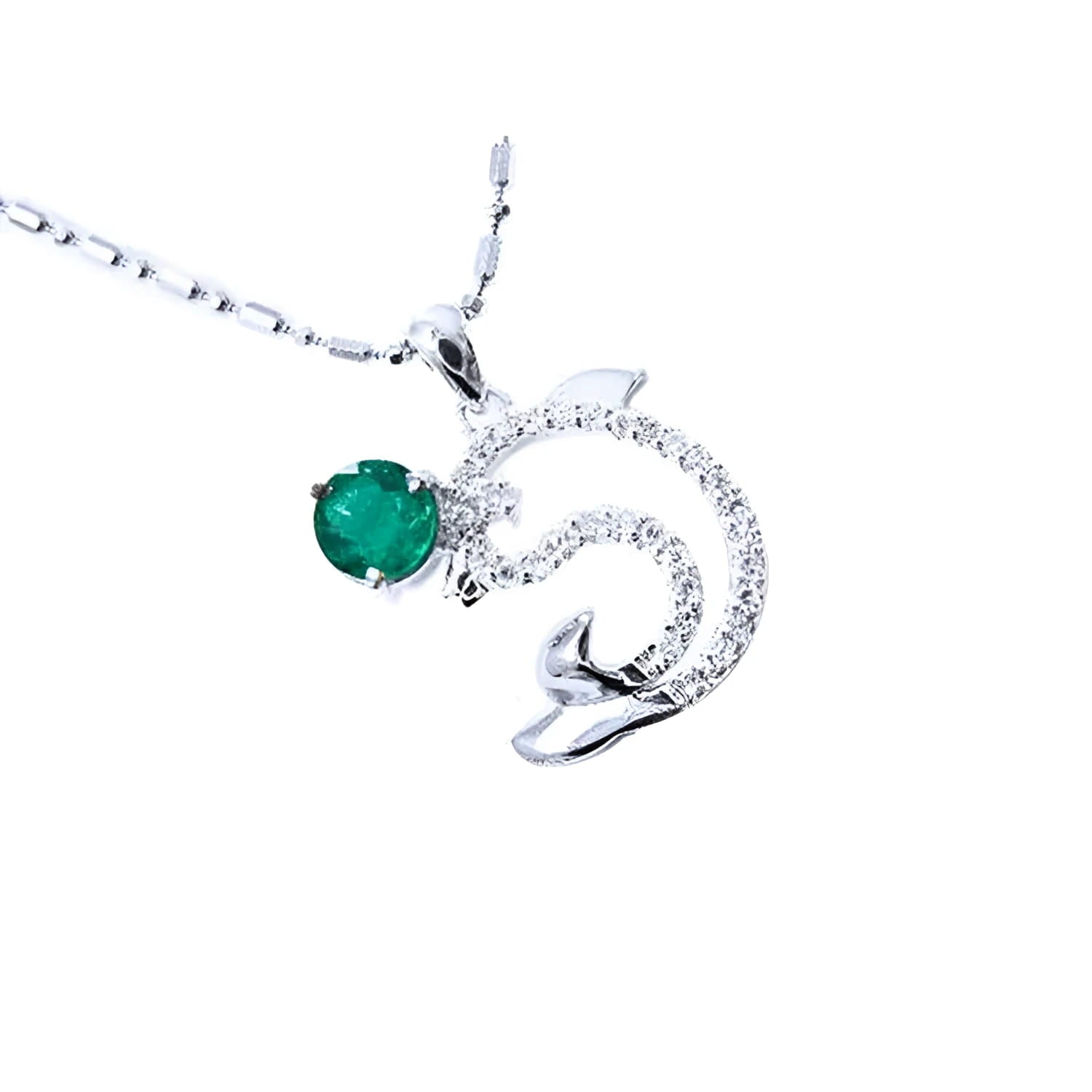 0.37 ct. emerald dolphin pendant necklace in 14K white gold with a deep green round emerald.