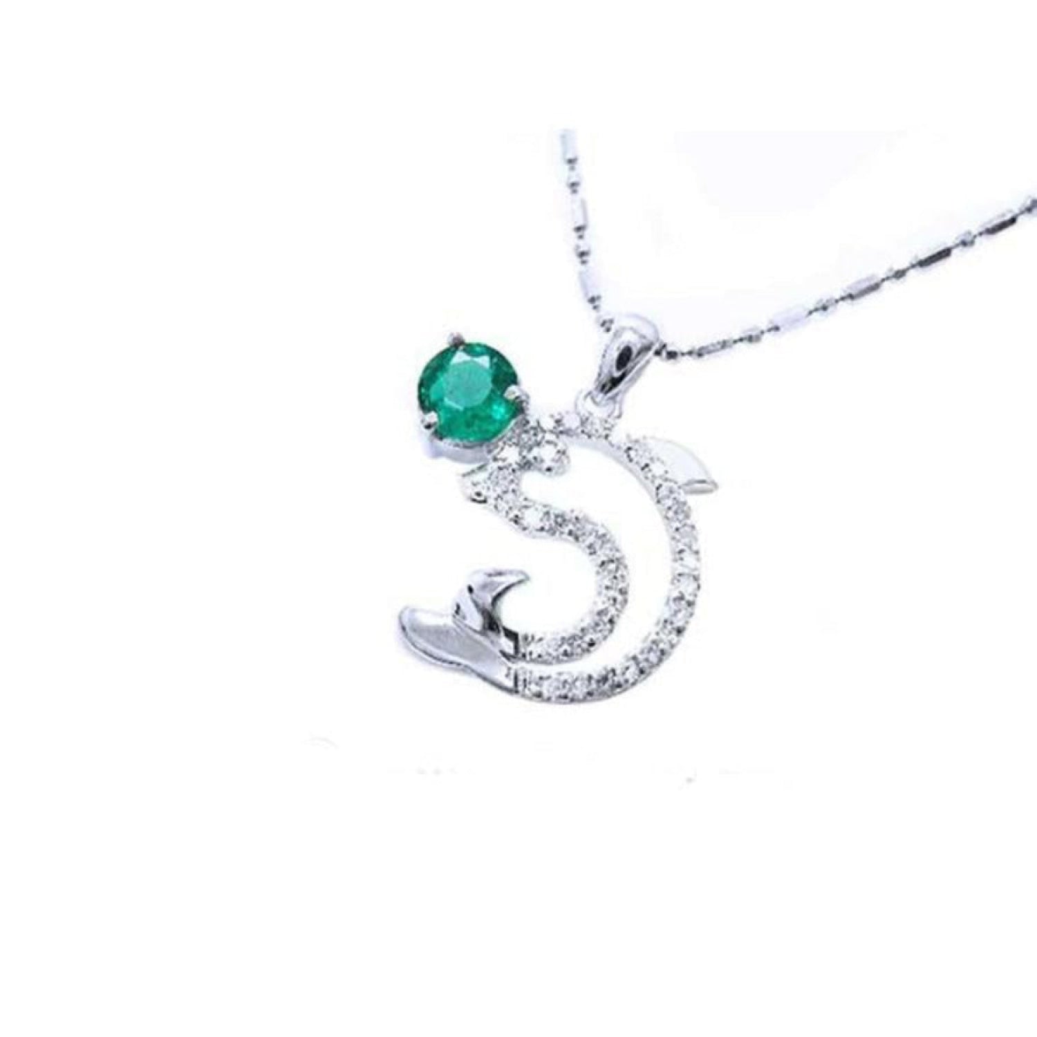 14K white gold dolphin pendant with a round deep green emerald and sparkling accents.