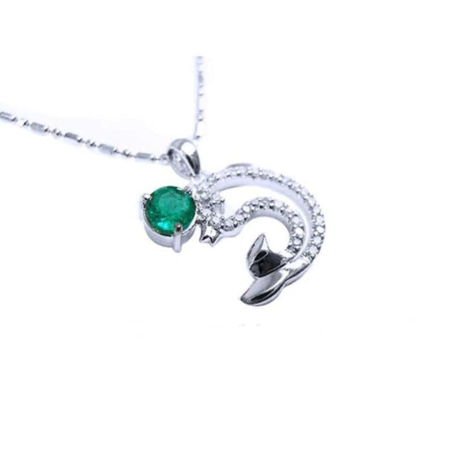 Emerald dolphin pendant with a round cut natural emerald and diamonds in white gold.