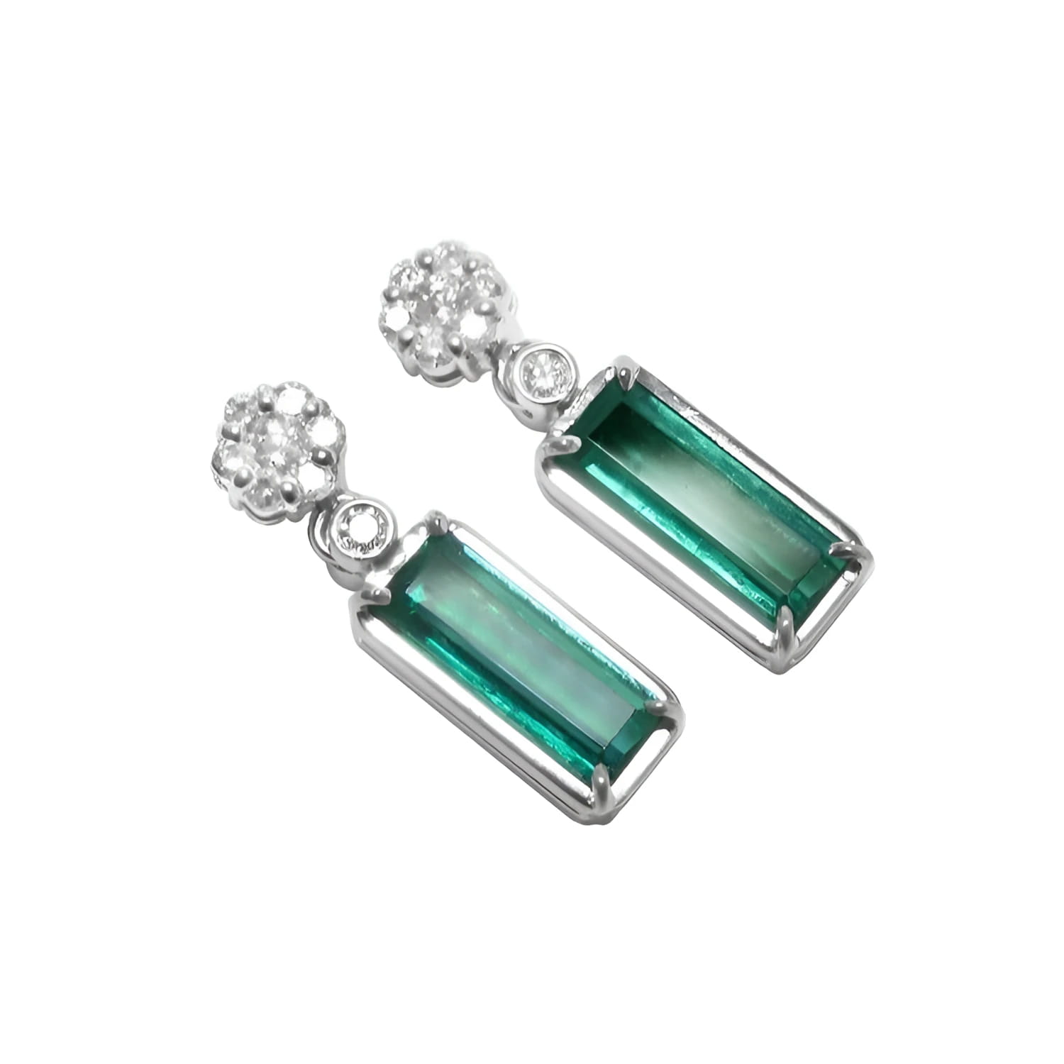 Pair of earrings with rectangular emeralds suspended fron a cluster diamond accents 14k white gold.