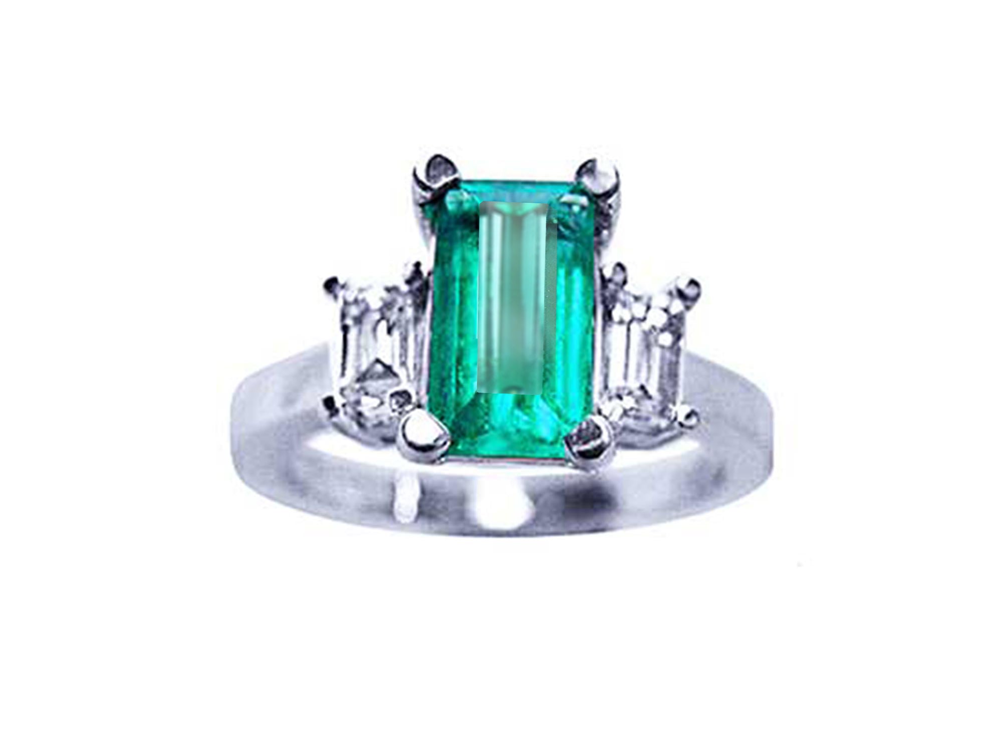 An emerald three stone engagement ring displaying plain top view profile.