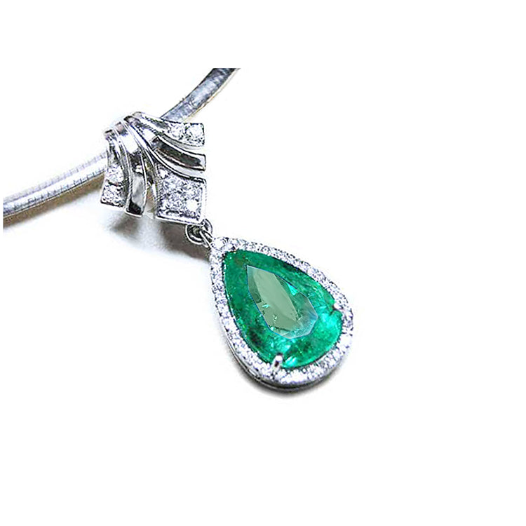 Enhancer emerald necklace for women pear cut emerald medium green hue encircle by a halo of natural diamonds