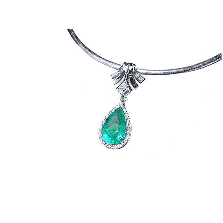 Women's emerald enhancer necklace pear cut emerald medium green hue 6.01 carats encircle by a halo of natural diamonds