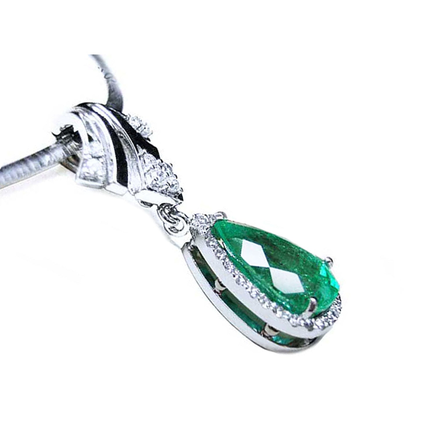 18K white gold enhancer necklace with a pear-shaped emerald and halo diamonds.