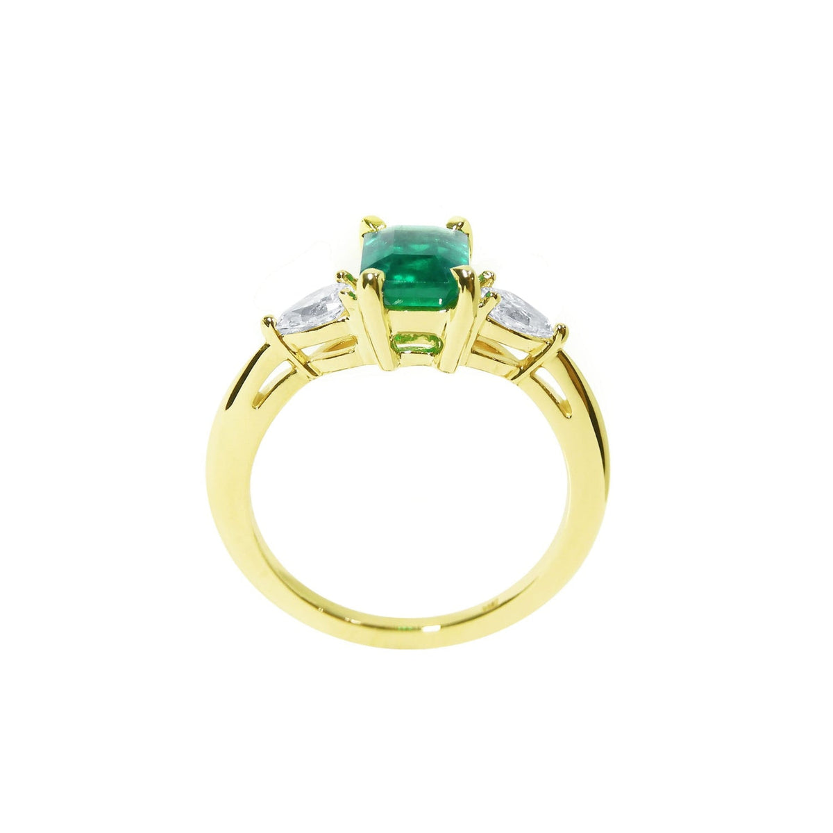 Natural Emerald GIA Certified Ladies Ring in 14K Gold. This women's ring showcases a Colombian emerald, F1 clarity, in a rich, medium-deep green.